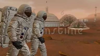 火星上的殖民地。 两名宇航员在火星表面行走。 <strong>探索</strong>火星任务。 未来殖民和空间<strong>探索</strong>